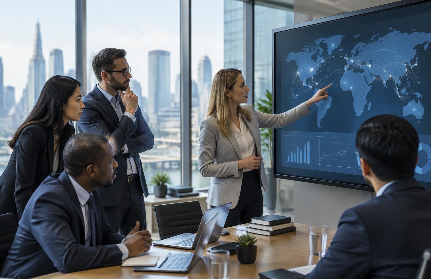 International banking team reviewing global payment networks
