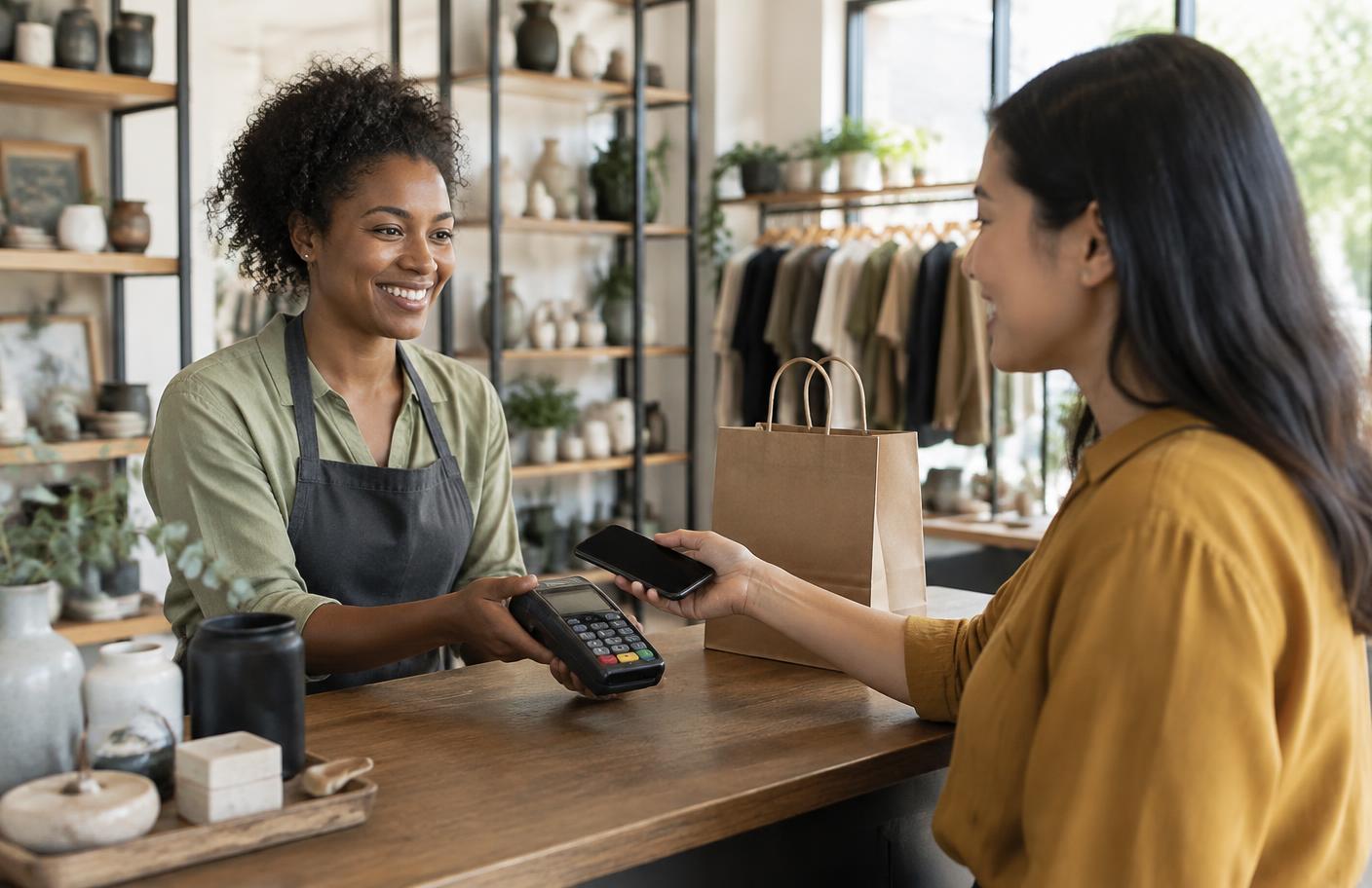 Merchant accepting a digital wallet payment at a retail store