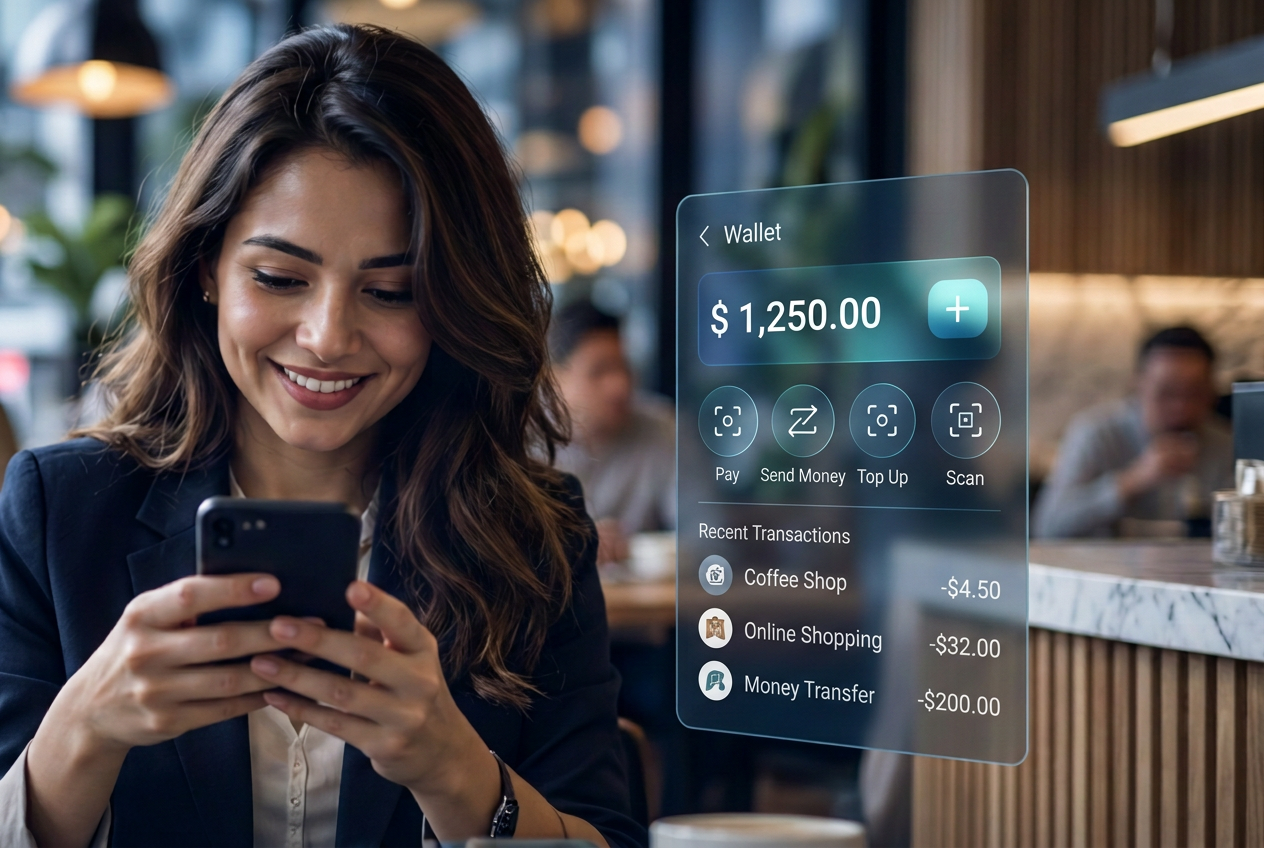 Customer sending money from a digital wallet with visible wallet balance and transactions